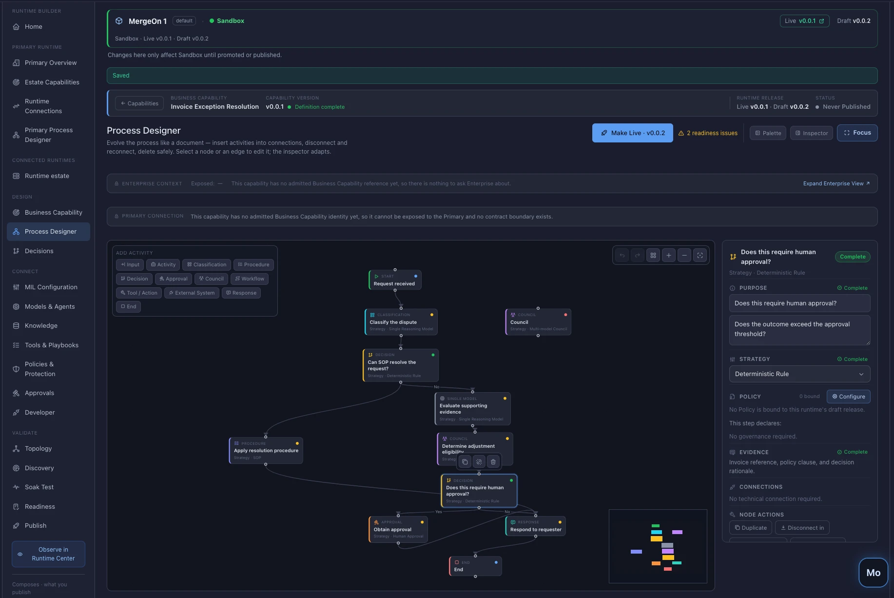 MergeOn Runtime Builder — Process Designer, showing the Invoice Exception Resolution business capability